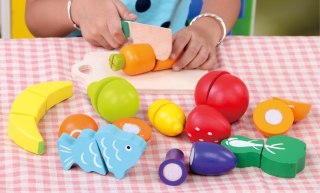 DREWNIANE OWOCE WARZYWA JEDZENIE DO KROJENIA 13 SZTUK ECOTOYS