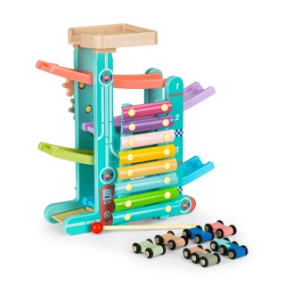 DREWNIANY TOR ZJEŻDŻALNIA + 6 AUTEK + CYMBAŁKI ECOTOYS