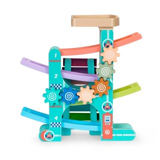 DREWNIANY TOR ZJEŻDŻALNIA + 6 AUTEK + CYMBAŁKI ECOTOYS