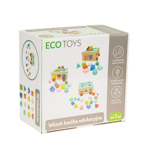 DREWNIANY WÓZEK SORTER Z KLOCKAMI - KOSTKA EDUKACYJNA DLA DZIECI ECOTOYS