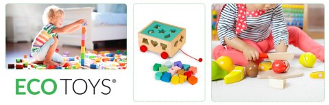DREWNIANY WÓZEK SORTER Z KLOCKAMI - KOSTKA EDUKACYJNA DLA DZIECI ECOTOYS