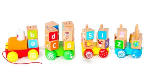 DREWNIANY POCIĄG DUŻE KLOCKI EDUKACYJNE ALFABET ECOTOYS
