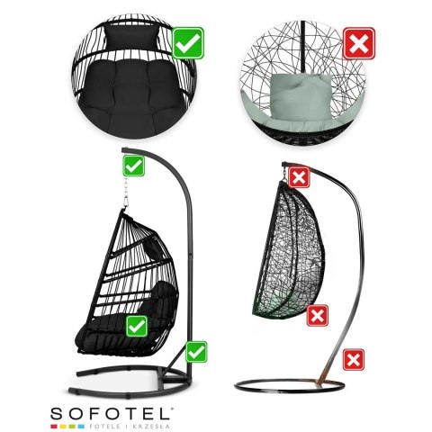 FOTEL OGRODOWY WISZĄCY LUISIANA CZARNY + CZARNE PODUSZKI SOFOTEL