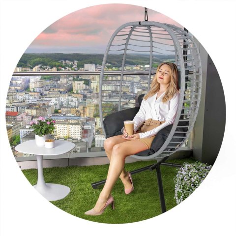 FOTEL OGRODOWY WISZĄCY TOSKANA CZARNY SZARE PODUSZKI SOFOTEL