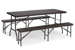 ZESTAW CATERINGOWY STÓŁ BANKIETOWY 180CM 2 ŁAWKI RATAN BRĄZ MODERNHOME