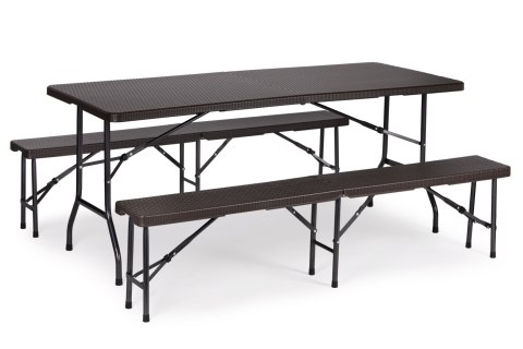 ZESTAW CATERINGOWY STÓŁ BANKIETOWY 180CM 2 ŁAWKI RATAN BRĄZ MODERNHOME