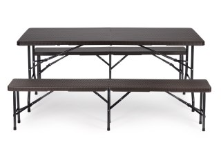 ZESTAW CATERINGOWY STÓŁ BANKIETOWY 180CM 2 ŁAWKI RATAN BRĄZ MODERNHOME