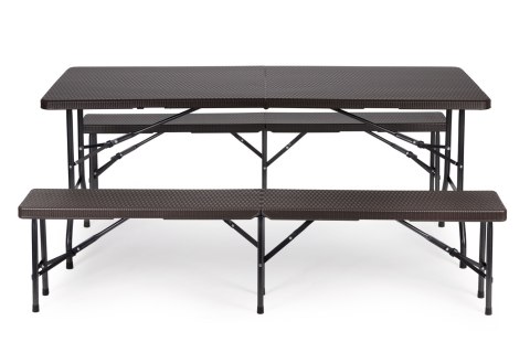 ZESTAW CATERINGOWY STÓŁ BANKIETOWY 180CM 2 ŁAWKI RATAN BRĄZ MODERNHOME