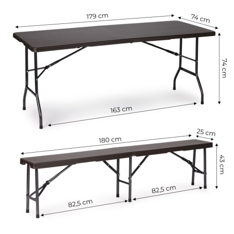 ZESTAW CATERINGOWY STÓŁ BANKIETOWY 180CM 2 ŁAWKI RATAN BRĄZ MODERNHOME