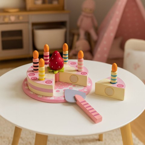 Zestaw drewniany tort na rzepy świeczki truskawka dla dzieci 15 elementów ECOTOYS