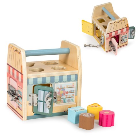 DREWNIANA KOSTKA EDUKACYJNA, SORTER KLOCKAMI CZTERY ZAMKI, UCHWYT DREWNIANA KOSTKA EDUKACYJNA, SORTER KLOCKAMI CZTERY ZAMKI, UCHWYT