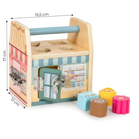 DREWNIANA KOSTKA EDUKACYJNA, SORTER KLOCKAMI CZTERY ZAMKI, UCHWYT DREWNIANA KOSTKA EDUKACYJNA, SORTER KLOCKAMI CZTERY ZAMKI, UCHWYT