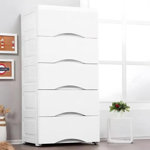 REGAŁ Z 5 WYSUWANYMI SZUFLADAMI NOGI Z KÓŁKAMI - BIAŁY MODERNHOME