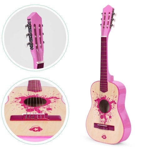 GITARA DLA DZIECI RÓŻOWA DUŻA - 34` DREWNIANA 6 STRUN METALOWE I NYLONOWE ECOTOYS