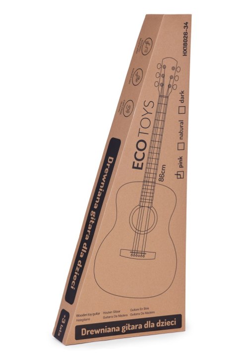 GITARA DLA DZIECI RÓŻOWA DUŻA - 34` DREWNIANA 6 STRUN METALOWE I NYLONOWE ECOTOYS