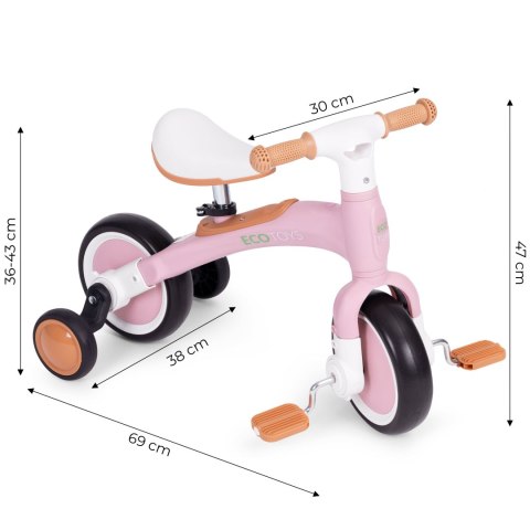 ROWER ROWEREK BIEGOWY Z PEDAŁAMI - TRENINGOWY KÓŁKA BOCZNE 3W1 RÓŻOWY ECOTOYS