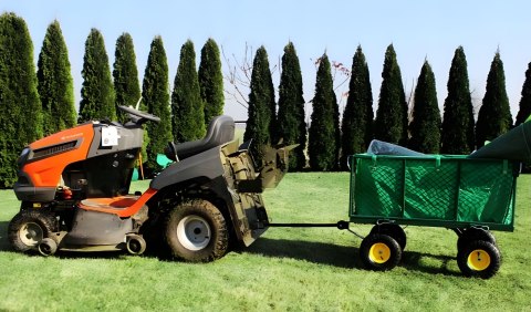 WÓZEK TRANSPORTOWY OGRODOWY 400 KG DO TRAKTORKA OTWIERANE BURTY DUŻE POMPOWANE KOŁA MULTIGARDEN