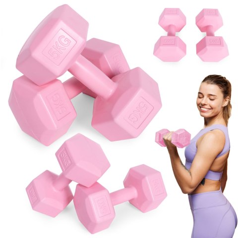 HANTLE SZEŚCIOKĄTNE ZESTAW 2X5 KG CIĘŻARKI DO ĆWICZEŃ OBCIĄŻNIKI FITNESS RÓŻOWE MODERNHOME