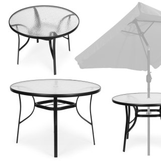 STOLIK OGRODOWY OKRĄGŁY 100 CM (105 CM) NA TARAS OGRÓD BALKON SZKŁO HARTOWANE OTWÓR NA PARASOL MULTIGARDEN